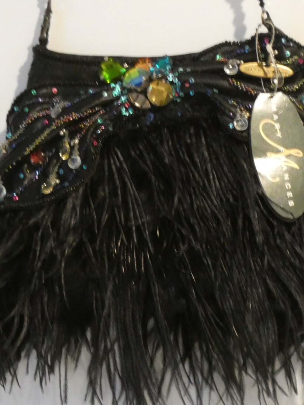 NWT Mary Frances "Night Flight" Black Beaded Floral Feather Jewel Shoulder Bag